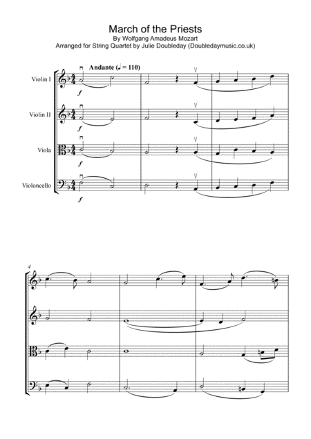 Mozart March Of The Priests From The Magic Flute For String Quartet Score And Parts Sheet Music