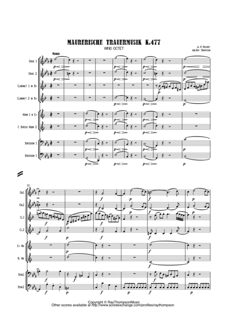 Mozart Maurerische Trauermusik K 477 Masonic Funeral Music Wind Octet 2 Ob 2 Cl 2 Hn 2 Bsn Sheet Music