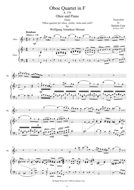 Mozart Oboe Quartet In F Major K370 3 Rondeau Oboe And Piano Sheet Music