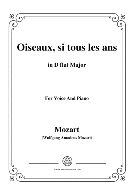 Mozart Oiseaux Si Tous Les Ans In D Flat Major For Voice And Piano Sheet Music