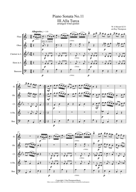 Mozart Piano Sonata No 11 In A K331 Mvt Iii Rondo Alla Turca Turkish March Wind Quintet Sheet Music