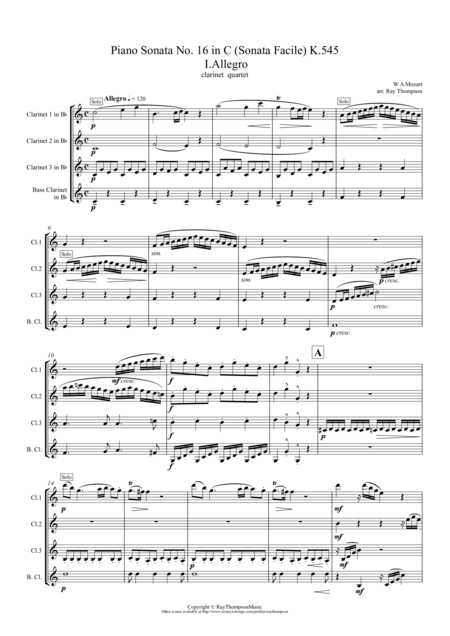 Mozart Piano Sonata No 16 In C Sonata Facile K545 Mvt I Allegro Clarinet Quartet Sheet Music