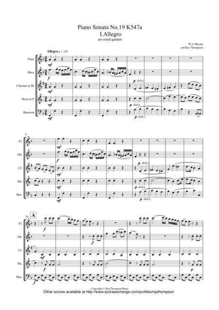 Free Sheet Music Mozart Piano Sonata No 19 K547a Wind Quintet