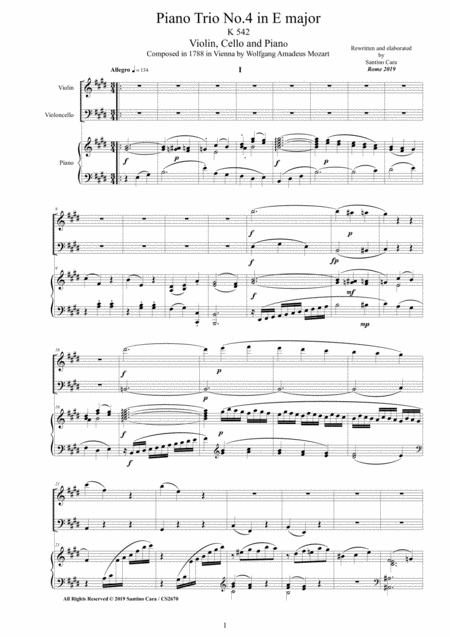 Mozart Piano Trio No 4 In E Major K542 For Violin Cello And Piano Sheet Music