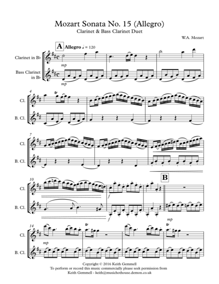 Mozart Sonata No 15 Allegro Clarinet Bass Clarinet Duet Sheet Music