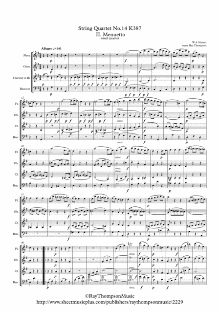 Mozart String Quartet No 14 In C Major K 387 Spring Mvt Ii Menuetto And Trio Wind Quartet Sheet Music