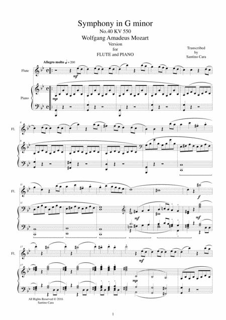Free Sheet Music Mozart Symphony In G Minor No 40 Mov 1 Molto Allegro Flute And Piano