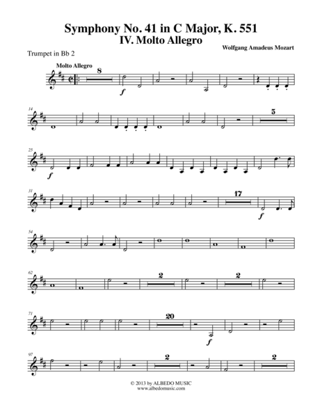 Free Sheet Music Mozart Symphony No 41 Jupiter Movement Iv Trumpet In Bb 2 Transposed Part K 551