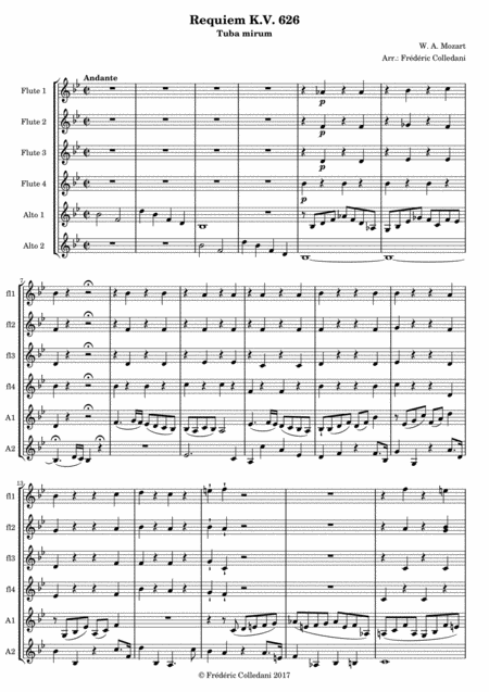 Mozart Tuba Mirum From Requiem Kv 626 For Flute Sextet Or Flute Choir Sheet Music