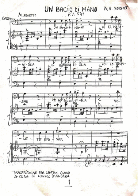 Mozart Un Bacio Di Mano Voice And Piano Sheet Music