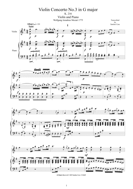 Free Sheet Music Mozart Violin Concerto No 3 In G Major K 216 For Violin And Piano Score And Part