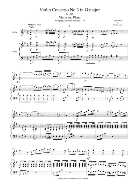 Mozart Violin Concerto No 3 In G Major K 216 For Violin And Piano Score And Part Sheet Music