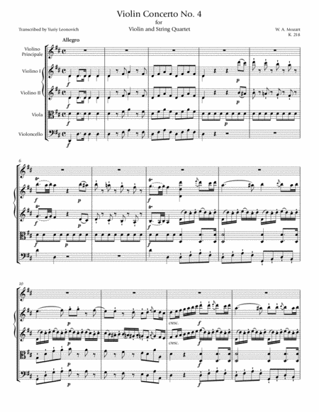 Mozart Violin Concerto No 4 K 218 Transcribed For Violin And String Quartet Sheet Music