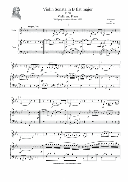 Mozart Violin Sonata In E Flat K 58 For Violin And Piano Score And Part Sheet Music