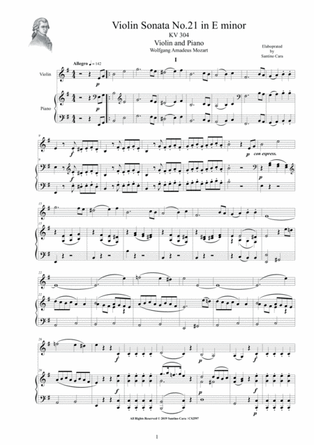 Mozart Violin Sonata No 21 In E Minor K 304 For Violin And Piano Score And Part Sheet Music