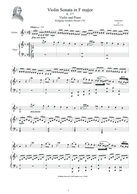 Mozart Violin Sonata No 25 In F Major K 377 For Violin And Piano Score And Part Sheet Music