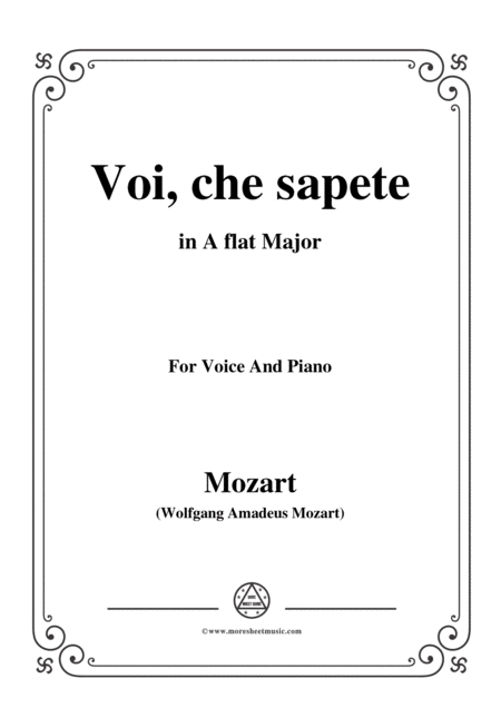 Mozart Voi Che Sapete In A Flat Major For Voice And Piano Sheet Music