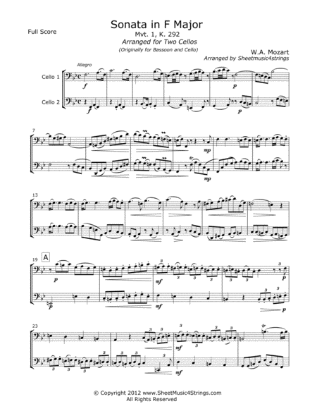 Mozart W Sonata In F Mvt 1 For Two Cellos Sheet Music