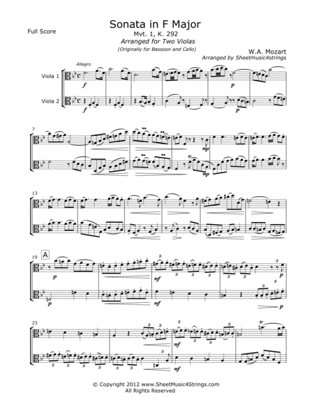 Free Sheet Music Mozart W Sonata In F Mvt 4 For Two Violas