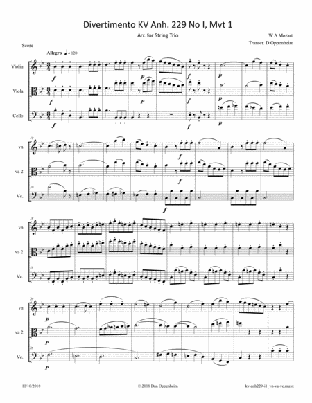 Mozart Wa Divertimento Kv Anh 229 No I Mvt 1 Arranged For String Trio Sheet Music