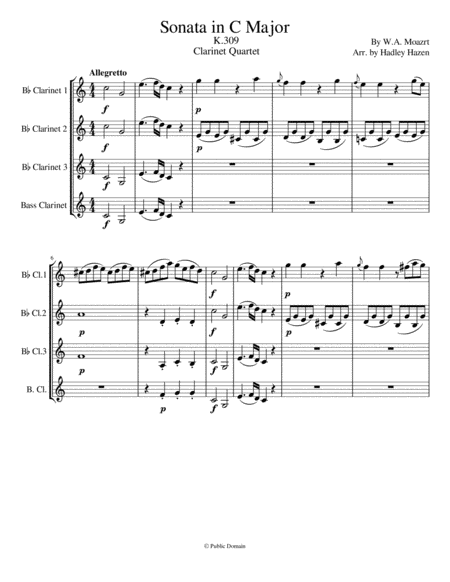 Free Sheet Music Mozarts Piano Sonata In C Major K 309 For Clarinet Quartet