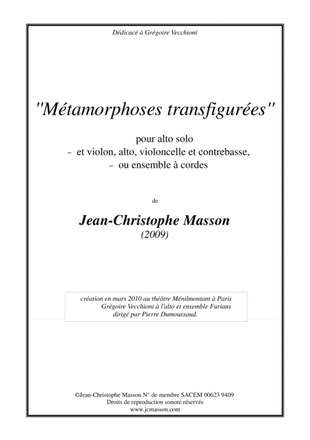 Free Sheet Music Mtamorphoses Transfigures For Viola Solo And Strings Viola Solo Violin Viola Cello And Doublebass Jcm 2010