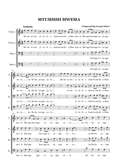 Free Sheet Music Mtumishi Mwema