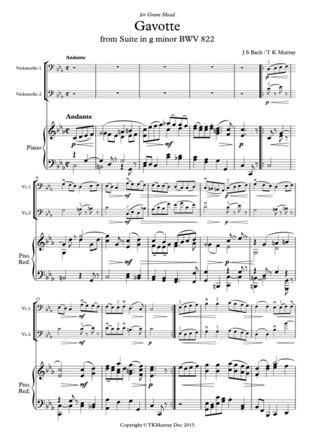 Murray Bach Gavotte In C Minor 2nd Cello Part New Piano Part Suzuki Bk 3 Sheet Music