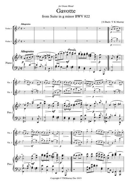 Murray Bach Gavotte In G Minor 2nd Violin Part New Piano Part Suzuki Bk 3 Sheet Music