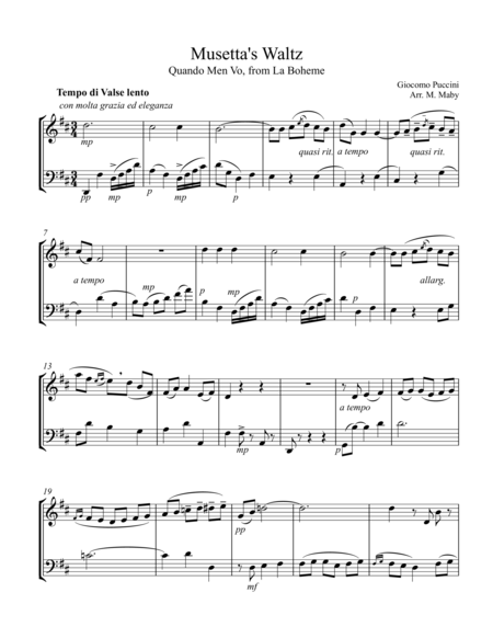 Musettas Waltz From La Boheme For Violin And Cello Duet Sheet Music