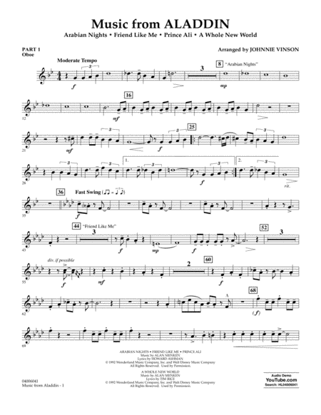Free Sheet Music Music From Aladdin Arr Johnnie Vinson Pt 1 Oboe