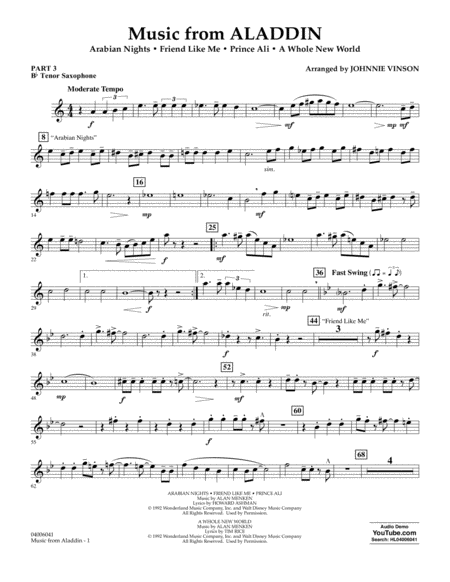 Music From Aladdin Arr Johnnie Vinson Pt 3 Bb Tenor Saxophone Sheet Music