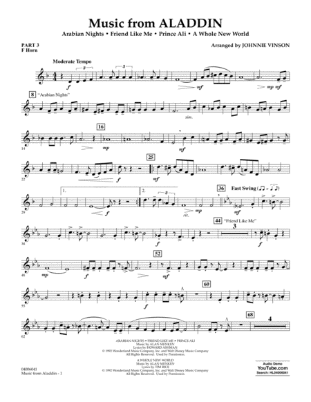 Music From Aladdin Arr Johnnie Vinson Pt 3 F Horn Sheet Music