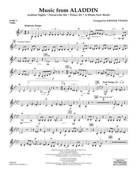 Music From Aladdin Arr Johnnie Vinson Pt 3 Violin Sheet Music