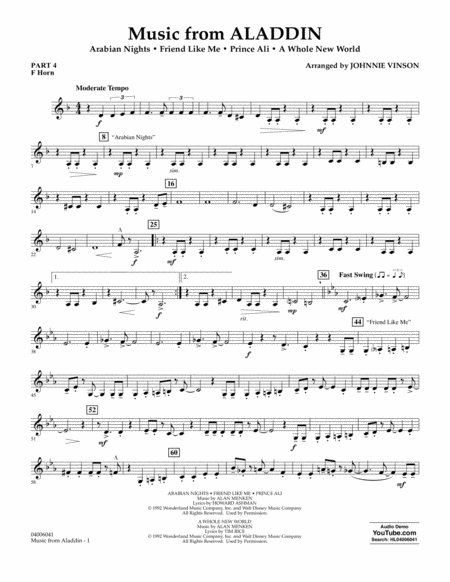 Music From Aladdin Arr Johnnie Vinson Pt 4 F Horn Sheet Music