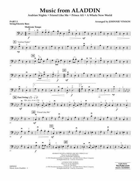 Music From Aladdin Arr Johnnie Vinson Pt 5 String Electric Bass Sheet Music