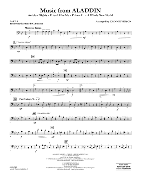 Music From Aladdin Arr Johnnie Vinson Pt 5 Trombone Bar B C Bsn Sheet Music