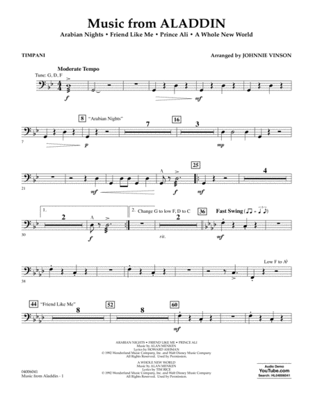 Music From Aladdin Arr Johnnie Vinson Timpani Sheet Music