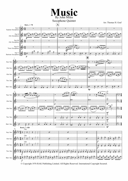 Music Was My First Love John Miles Saxophone Quintet Sheet Music