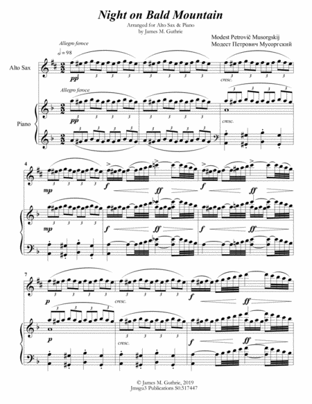 Mussorgsky Night On Bald Mountain For Alto Sax Piano Sheet Music