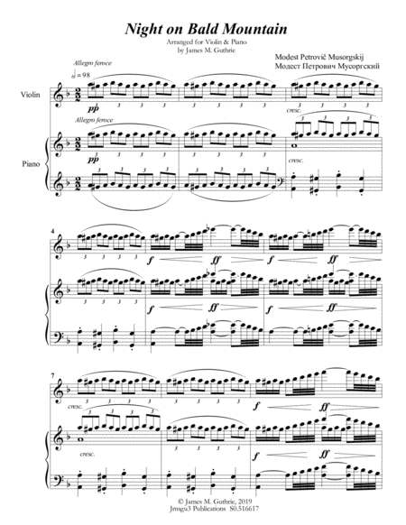 Mussorgsky Night On Bald Mountain For Violin Piano Sheet Music