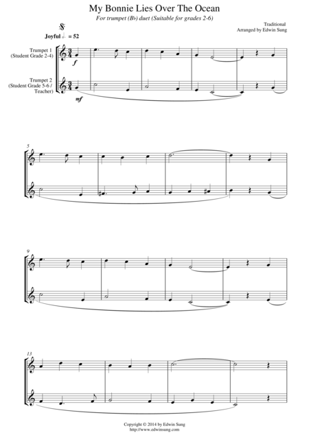 My Bonnie Lies Over The Ocean For Trumpet Bb Duet Suitable For Grades 2 6 Sheet Music