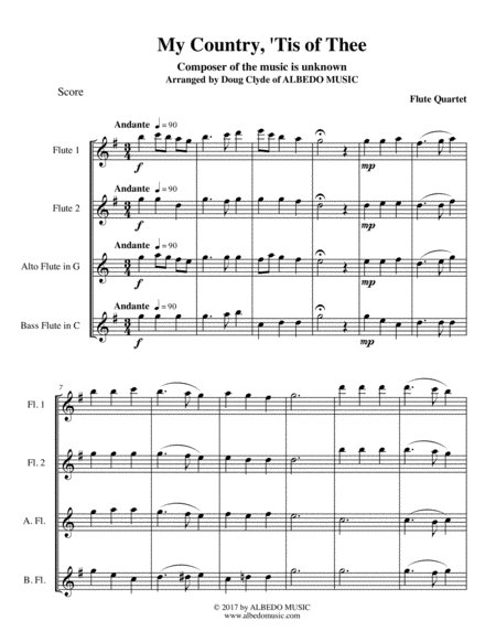 My Country Tis Of Thee For Flute Quartet Sheet Music