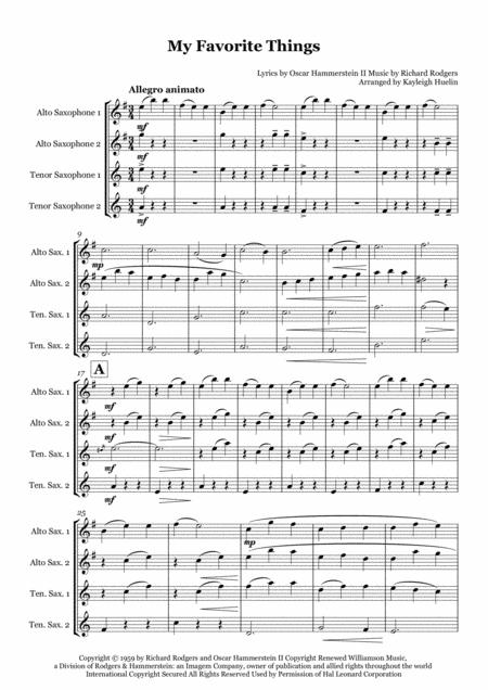 Free Sheet Music My Favorite Things From The Sound Of Music Saxophone Quartet Aatt