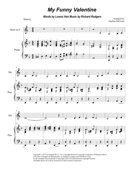 Free Sheet Music My Funny Valentine For French Horn Solo
