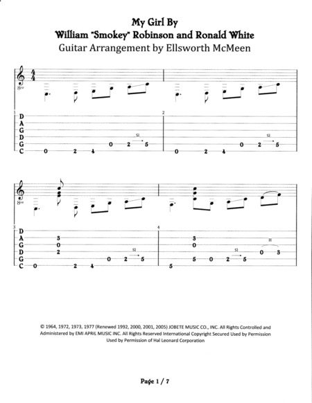 Free Sheet Music My Girl For Fingerstyle Guitar Tuned Cgdgad