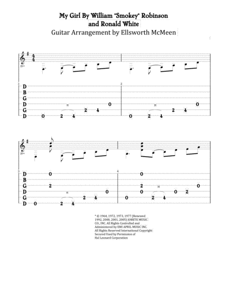 My Girl For Fingerstyle Guitar Tuned Open G Dgdgbd Sheet Music