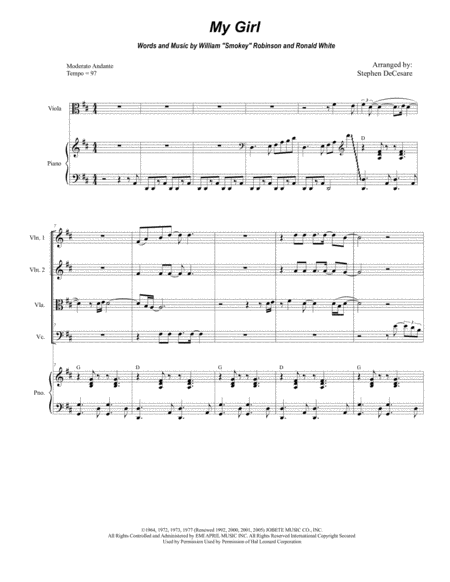 Free Sheet Music My Girl For String Quartet And Piano