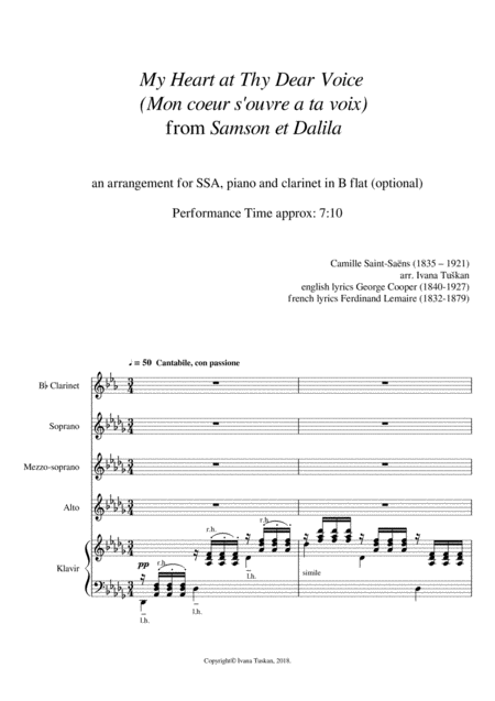 My Heart At Thy Dear Voice Mon Coeur From Samson Dalilah Ssa Piano Clarinet Sheet Music