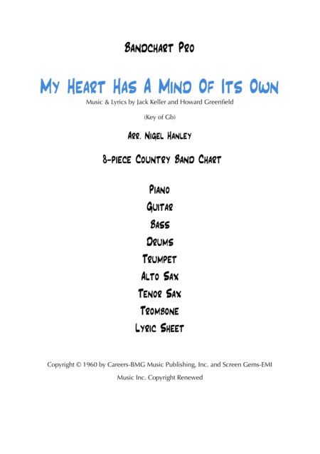 Free Sheet Music My Heart Has A Mind Of Its Own 8pc Country Band Chart